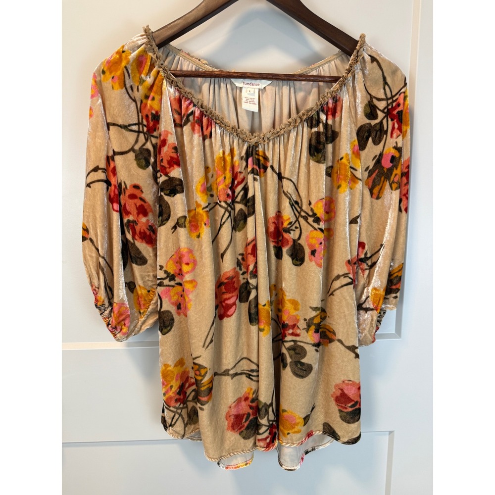 Sundance Velvet Peasant Top Floral V Neck Balloon Sleeve Blouse‎ Size L